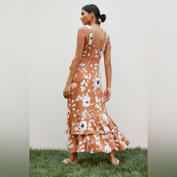 Anthropologie Ruffled Floral Midi Dress Brown Size‎ Medium Stretchy soft wrap - Picture 2 of 7